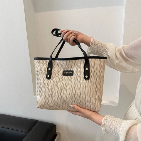 Borsa Tote In Paglia Intrecciata Grande Capacità Borsa Da Spiaggia Casual Borsa A Tracolla Moda Versatile Per Donna