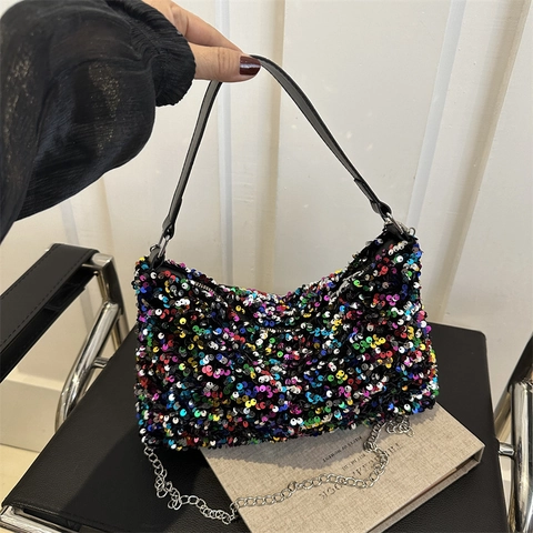 Sequin Handbag Iridescent Chain Crossbody Bag Underarm Evening Party Fashionable For Women