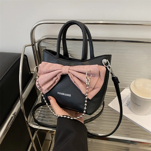 Sac Seau Femme En Cuir PU Décoration Grand Nœud Chaîne Argentée Sac À Main Bandoulière Épaule Mode
