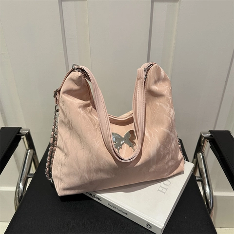 Bolso de Mano Plisado para Mujer Gran Capacidad Decoración Mariposa Cuero PU Bolso de Hombro Y2K Chic Color Sólido Con Cadena
