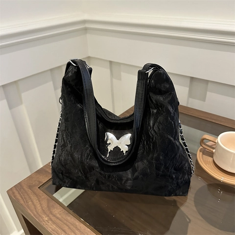 Bolso de Mano Plisado para Mujer Gran Capacidad Decoración Mariposa Cuero PU Bolso de Hombro Y2K Chic Color Sólido Con Cadena