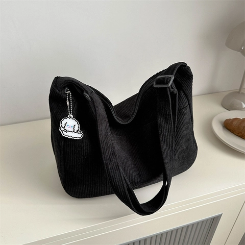 Women Corduroy Large Capacity Tote Bag Solid Color Casual Single Shoulder Crossbody Bag With Adjustable Strap And Charm