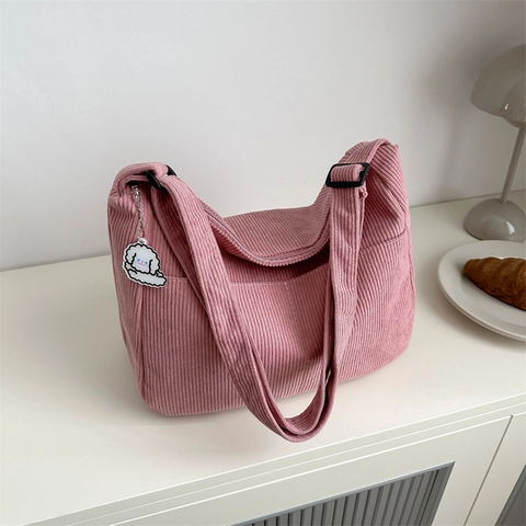 Women Corduroy Large Capacity Tote Bag Solid Color Casual Single Shoulder Crossbody Bag With Adjustable Strap And Charm