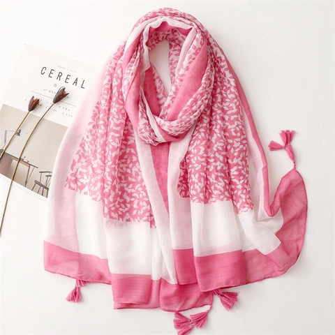 Damen Lange Schal Stola Polyester Voile Baumwolle Leinen Gefühl Rosa Weiße Blattdruck Quaste Leicht Sonnenschutz Elegant