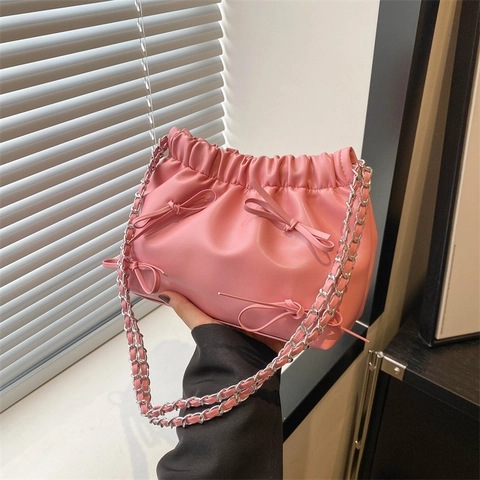 Damen Trendy Schleifen Ribbon Eimer Tasche PU Leder Gefaltete Umhängetasche Koreanischer Stil Kette斜挎包 Kleine Handtasche