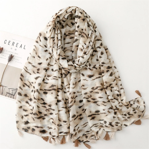 Damen Mode Leopardenmuster Schal Stola Weich Polyester Baumwolle Haptik Mit Quasten Leichtes Elegantes Tuch Ganzjährig