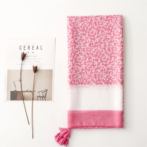 Damen Lange Schal Stola Polyester Voile Baumwolle Leinen Gefühl Rosa Weiße Blattdruck Quaste Leicht Sonnenschutz Elegant