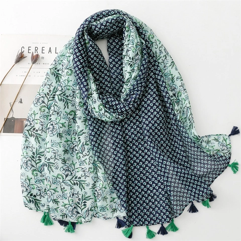 Women Floral Print Scarf Shawl Polyester Voile Lightweight Breathable Tassels Sun Protection Contrast Color Wrap