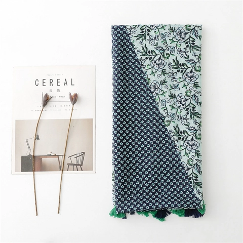 Women Floral Print Scarf Shawl Polyester Voile Lightweight Breathable Tassels Sun Protection Contrast Color Wrap