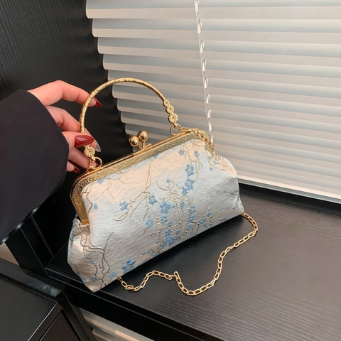 Damen Retro Stickerei Kiss-lock Tasche Chinesischer Stil Florale Satin Handtasche Mit Metallkette Abendparty