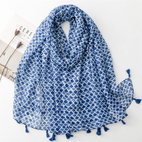 Sciarpa Leggera In Voile Da Donna Stampa Geometrica Scaglie Di Pesce Grande Scialle Di Moda Con Nappine
