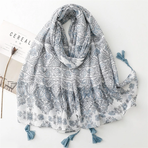 Retro Blumendruck Schal Umhang Leichtes Polyester Voile Quastenfransen Ethno Stil Sonnenschutz Für Damen