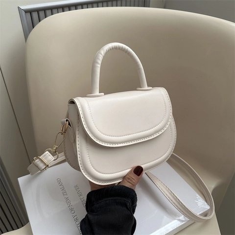 Bolso de Silla de Montar de Cuero PU Minimalista para Mujer Color Sólido Retro Bolso de Hombro Bandolera Con Asa Herrajes Dorados