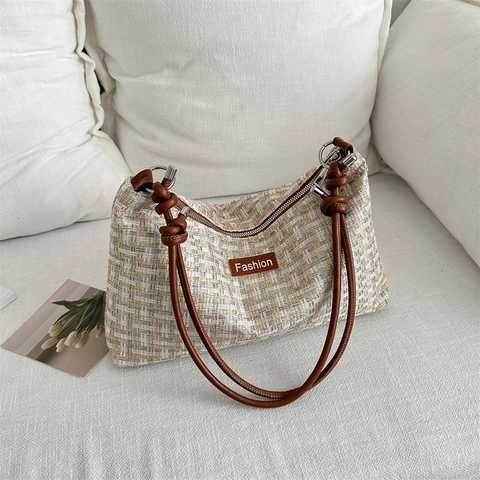 Damen Tweed Gewebte Achseltasche Retro Karo Schultertasche Mit PU Leder Knotengurt Reißverschluss Täglich Casual Handtasche