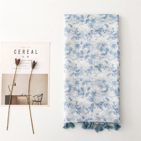 Bloemen Sjaal Voor Dames Polyester Voile Lichtgewicht Ademend Sjaal Met Kwastjes Frisse Zoete Stijl Zonbescherming