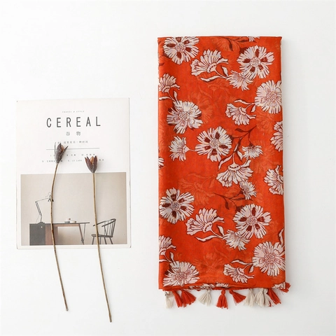 Women Scarf Shawl Large Floral Print Polyester Voile Cotton Linen Feel Tassel Fringe Thin Sun Protection Beach Wrap Elegant Fresh