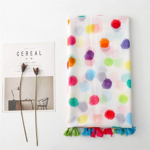 Dames Kleurrijke Polkadot Sjaal Polyester Dun Ademend Zonbescherming Kwastje Mode Accessoire