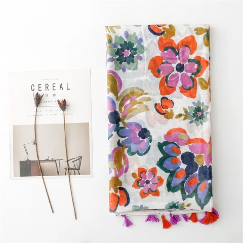 Damen Aquarell Blumen Schal Polyester Voile Stola Mit Quasten Boho Künstlerisch Großes Tuch