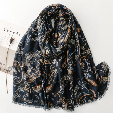 Paisley Schal Stola Polyester Weich Baumwoll-Leinen-Gefühl Fransen Saum Boho Ethnisch Stil Großes Tuch Damen