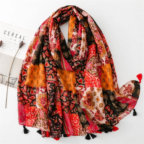 Bohemischer Ethno Paisley Schal Polyester Metallicfaden Quasten Reisen Urlaub Sonnenschutz Retro Damen Accessoire