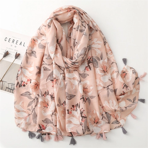 Dames Bloemenprint Kwastjes Sjaal Zacht Polyester Omslagdoek Zonwering Wikkel Elegant Visgraatpatroon Reizen Accessoires