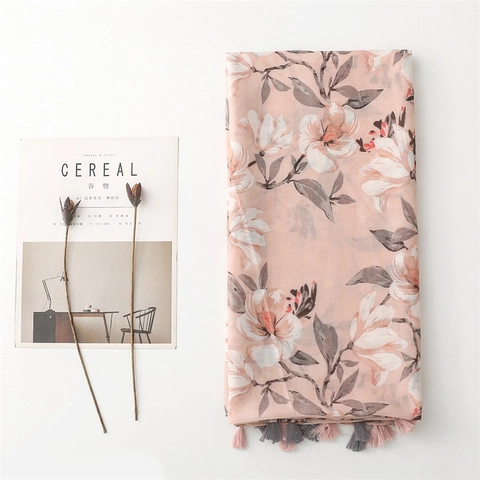 Dames Bloemenprint Kwastjes Sjaal Zacht Polyester Omslagdoek Zonwering Wikkel Elegant Visgraatpatroon Reizen Accessoires