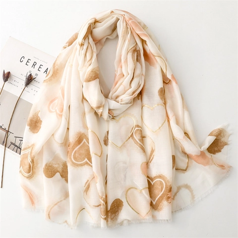 Women Heart Print Scarf With Gold Stamping Heart Pattern Long Shawl Wrap Frayed Edge Soft Fashion Polyester Breathable