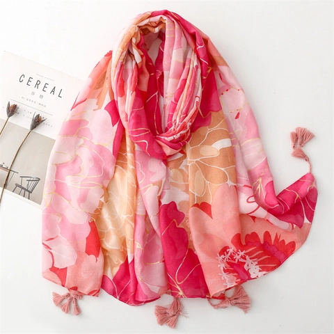 Women Floral Print Scarf Large Lightweight Polyester Shawl With Tassels Gold Line Detail Soft Beach Wrap Travel Pashmina