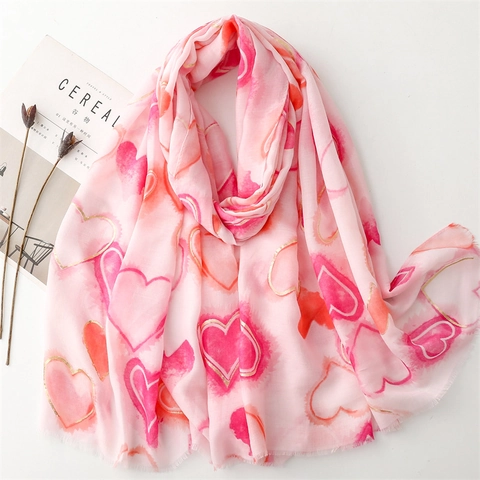 Women Heart Print Scarf With Gold Stamping Heart Pattern Long Shawl Wrap Frayed Edge Soft Fashion Polyester Breathable