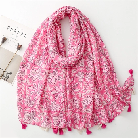 Blumendruck Schal Polyester Baumwollgefühl Leicht Quasten Elegant Böhmisch Wickel Für Damen