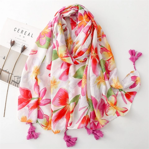 Damen Schal Mit Blumenmuster Tropische Blumen Weicher Polyester Schal Mit Rosa Quasten Leichter Reisebegleiter