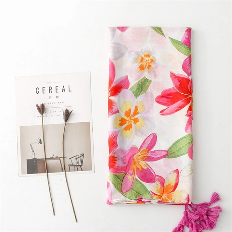 Damen Schal Mit Blumenmuster Tropische Blumen Weicher Polyester Schal Mit Rosa Quasten Leichter Reisebegleiter