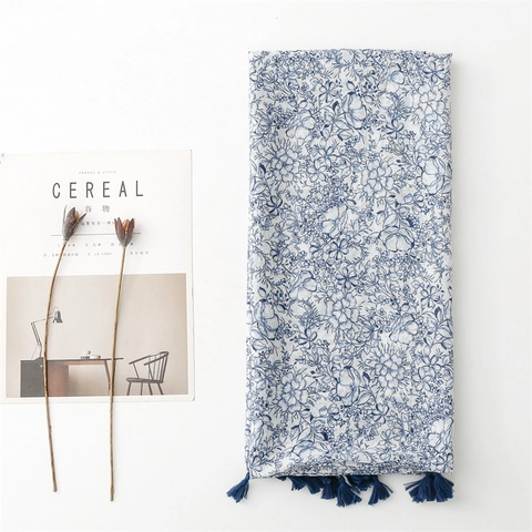 Blau Weiß Geblümt Schal Stola Polyester Voile Leicht Quasten Strand Sonnenschutz Wrap Elegant Damen