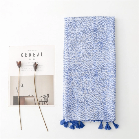Damen Schal Schal Polyester Voile Blau Wellenprint Quaste Sonnenschutz Strand Reise Elegant Wickeln