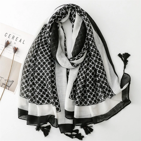 Damen Langer Schal Stola Geometrisches Kettenmuster Polyester Baumwollgefühl Leichter Wickelschal Mit Quasten Retro Chic