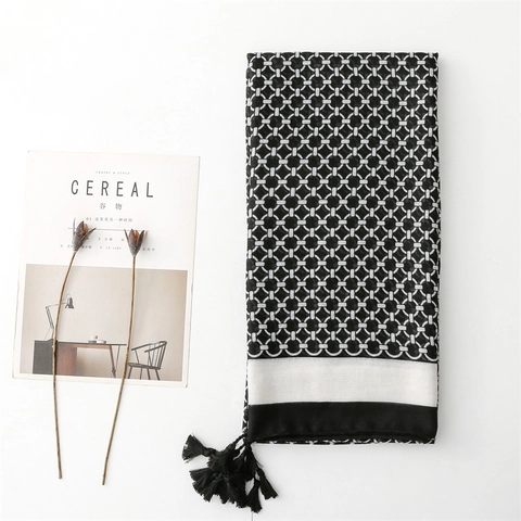 Damen Langer Schal Stola Geometrisches Kettenmuster Polyester Baumwollgefühl Leichter Wickelschal Mit Quasten Retro Chic