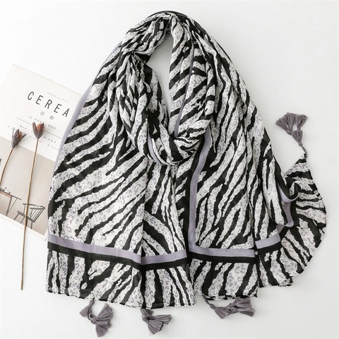 Zebra Leopard Print Scarf Women Large Shawl Polyester Sun Protection Lightweight Tassel Fringe Fashion Wrap