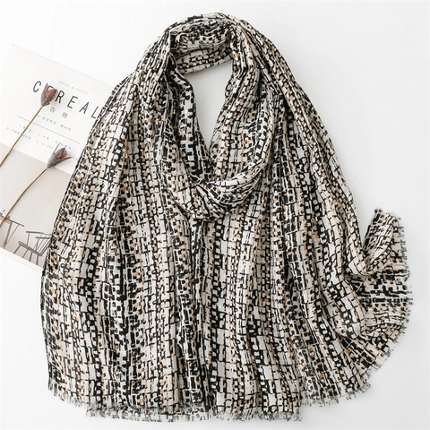 Women Pixel Geometric Scarf Gilded Lightweight Shawl Frayed Edge Satin Cotton Blend Elegant Breathable Wrap For Daily Travel