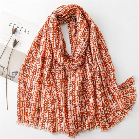 Women Pixel Geometric Scarf Gilded Lightweight Shawl Frayed Edge Satin Cotton Blend Elegant Breathable Wrap For Daily Travel
