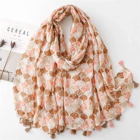 Women Fashion Scarf Shawl Lightweight Polyester Shell Fish Scale Print Tassel Sun Protection Soft Wrap Elegant French Style