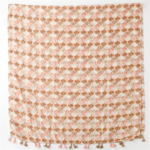 Women Fashion Scarf Shawl Lightweight Polyester Shell Fish Scale Print Tassel Sun Protection Soft Wrap Elegant French Style