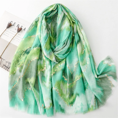 Women Long Scarf Shawl Gradient Ink Print Gold Foil Heart Pattern Polyester Cotton Feel Elegant Vacation Frayed Edge