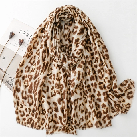 Women Leopard Scarf Shawl Gold Foil Print Polyester Cotton Linen Feel Fringe Lightweight Warm Fashion Accessory