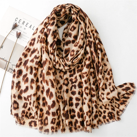 Women Leopard Scarf Shawl Gold Foil Print Polyester Cotton Linen Feel Fringe Lightweight Warm Fashion Accessory