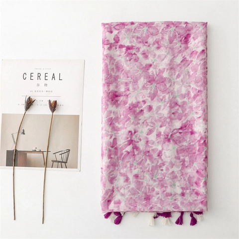 Women Floral Print Scarf Sun Protection Beach Shawl Ethnic Style With Tassels Lightweight Polyester Voile Long Wrap