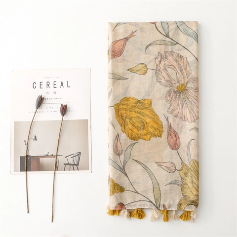 Women Long Floral Scarf Voile Shawl With Tulip Print Silver Wire Stripes Tassels Lightweight Breathable Sunscreen Wrap