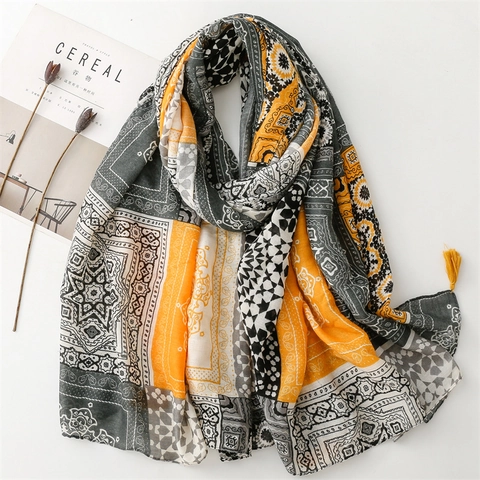 Sciarpa Scialle Etnico Bohemien Donne Stampa Paisley Geometrica Nappine Effetto Cotone Lino Poliestere Viaggio