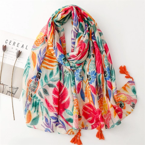 Tropisches Blatt Papagei Druck Damen Schal Leichter Polyester Voile Sonnenschutz Langer Schal Mit Quasten