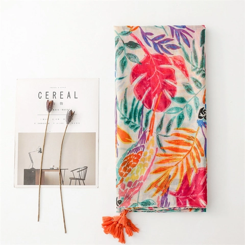 Tropisches Blatt Papagei Druck Damen Schal Leichter Polyester Voile Sonnenschutz Langer Schal Mit Quasten