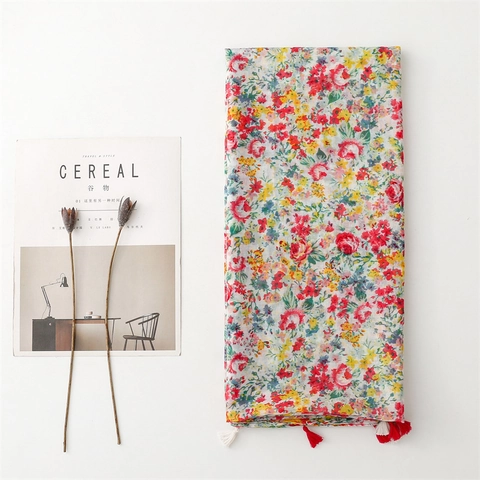 Damen Langer Schal Blumenmuster Voile Polyester Quaste Leichtes Sonnenschutz Halstuch Mode Frühling Sommer